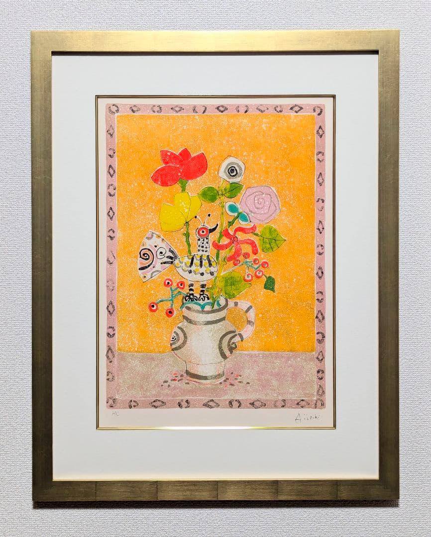 専用【直筆サイン】ポール・アイズピリ「オレンジ背景の花と鳥