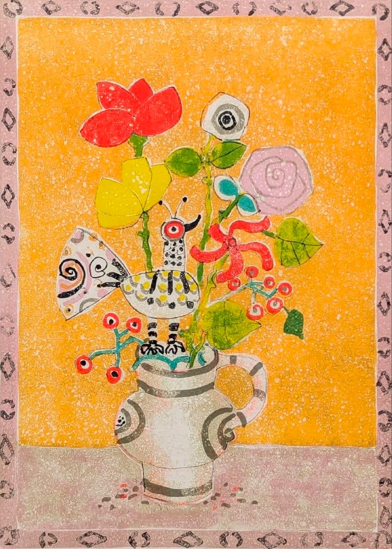 専用【直筆サイン】ポール・アイズピリ「オレンジ背景の花と鳥