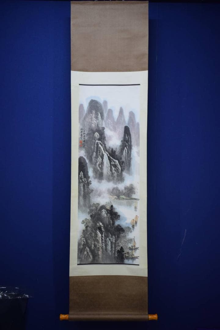 真作/陶君祥/山水帆舟図/中国/布袋屋掛軸HJ-785