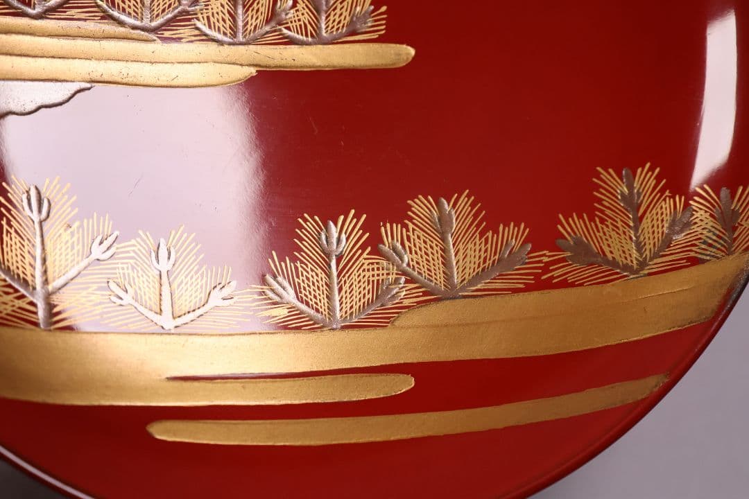 CM228】木製漆器 若松と梅 金蒔絵 朱塗 引盃 五客 天然木
