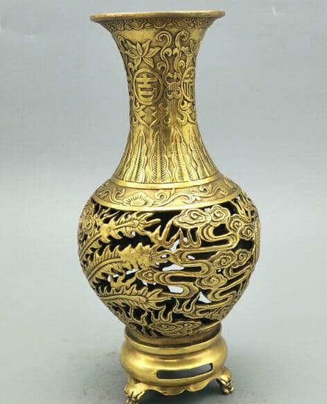 細工銅製 純銅精彫り龍紋花瓶 ショップ 置物8