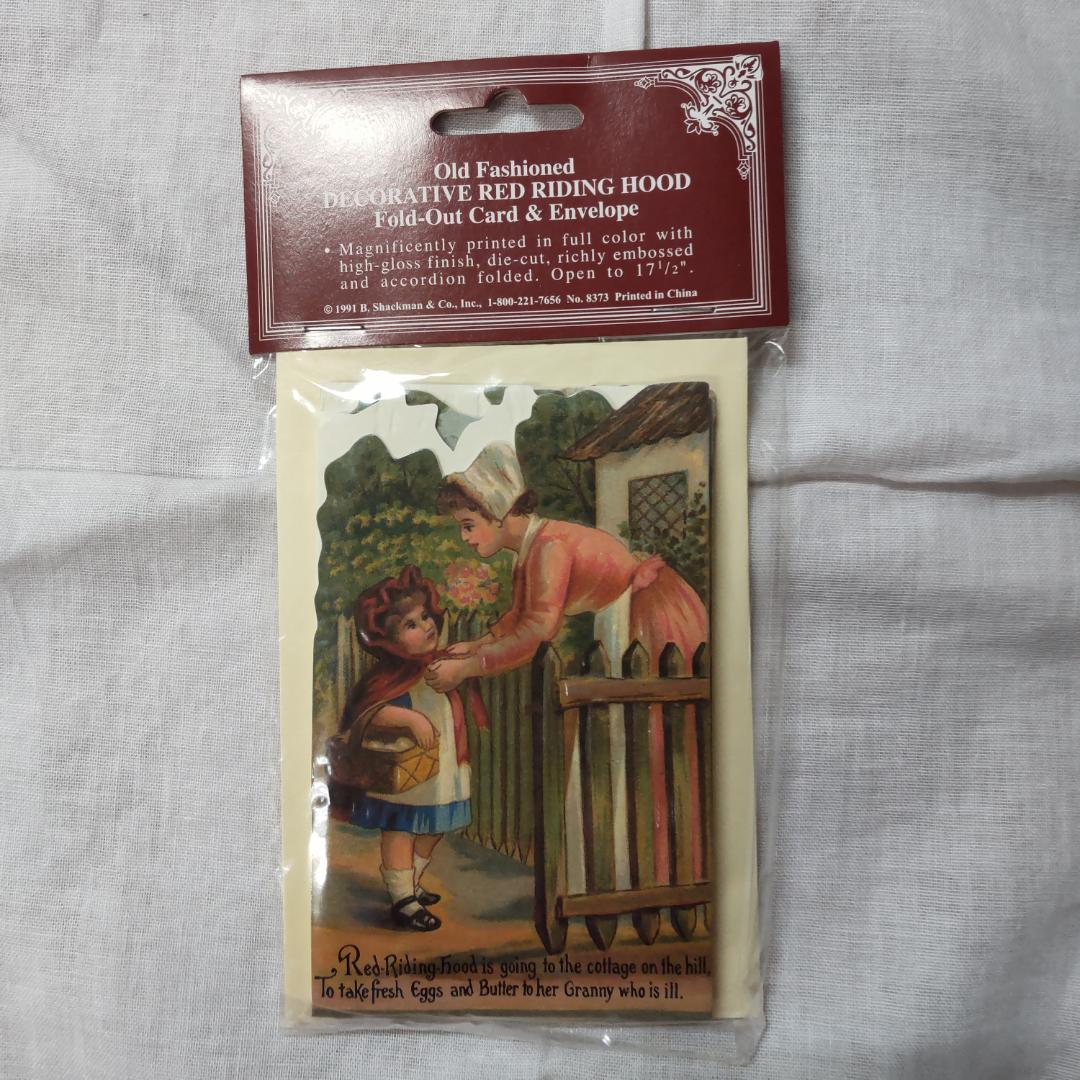 赤ずきん　アンティーク風カード　屏風カード　レッドフード　ブロカント封筒つき