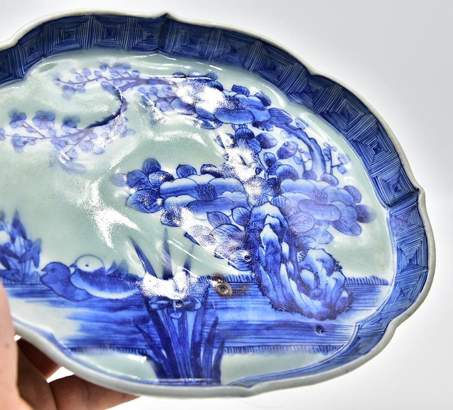 時代年代物 古伊万里 染付 変形皿 花鳥図 仕覆 合わせ箱 有田焼