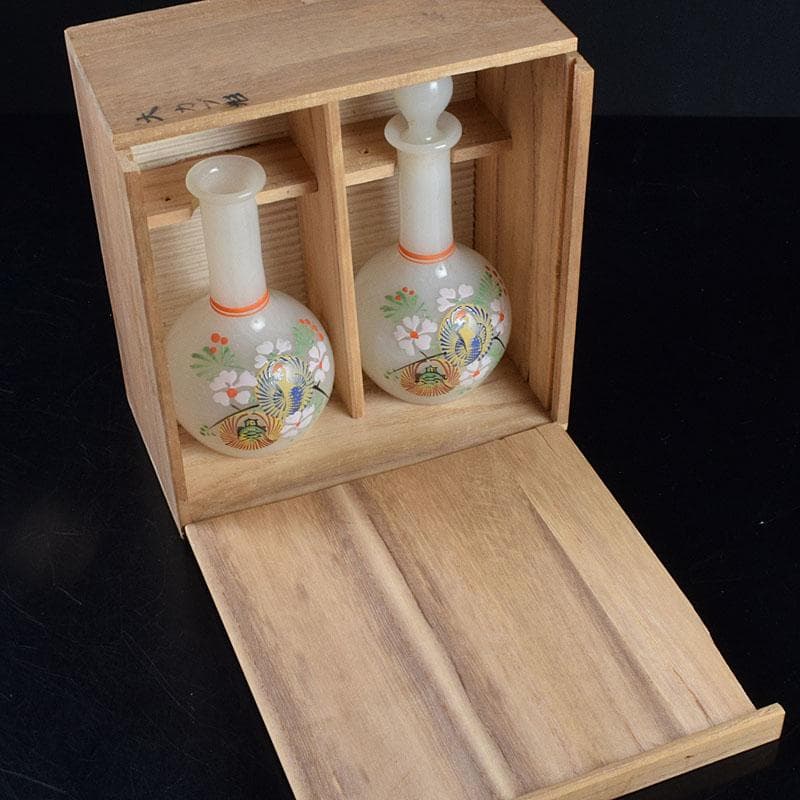 ガラス工芸 鶴亀図 雛徳利 一對 時代箱 縁起物 V R8928