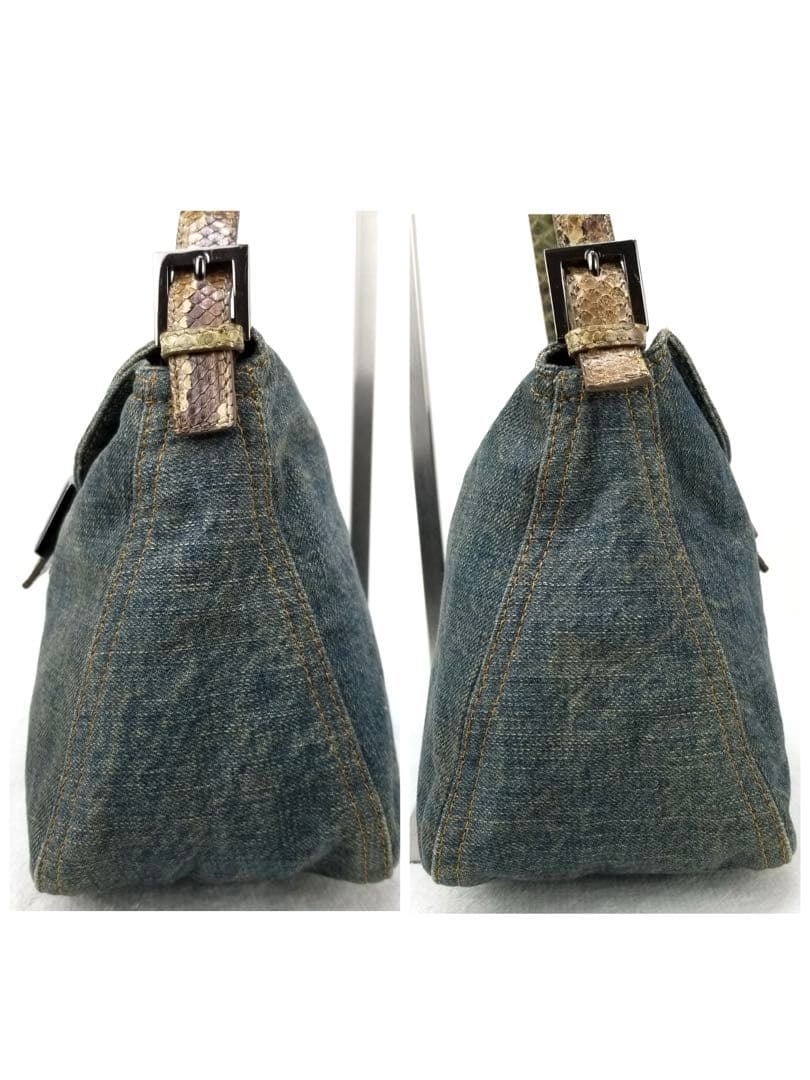 FENDI マンマバケット デニム×パイソン ショルダーバッグ　ミリタリグリーン