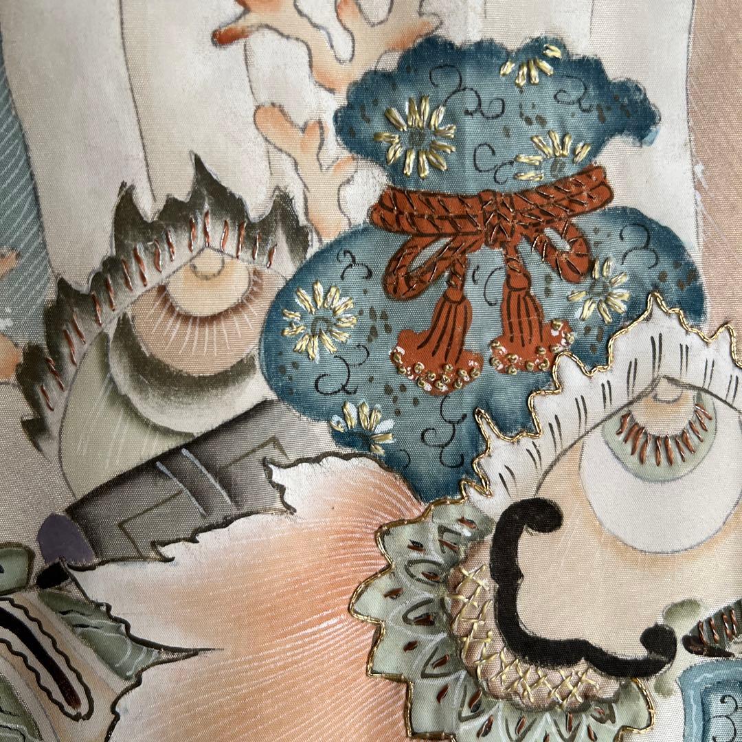 5502◇男の子アンティーク着物五つ紋宝船番鶴波手描き手刺繍時代古裂