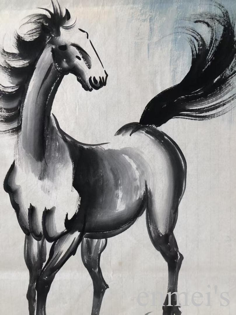 中国古美術・馬 四条屏画芯・徐悲鴻印款・水墨画・純手描き・文房置物 ・水印付き