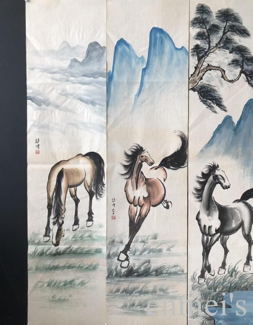 中国古美術・馬 四条屏画芯・徐悲鴻印款・水墨画・純手描き・文房置物 ・水印付き