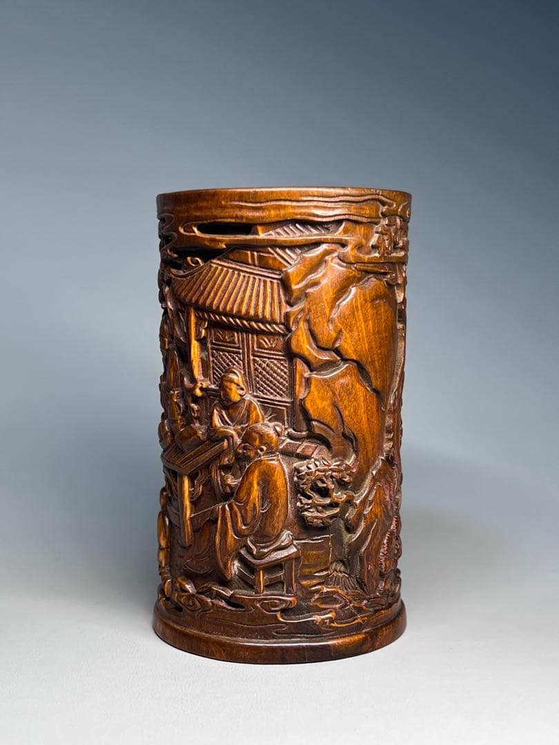 中国古美術 筆筒 筆立て 黄楊木彫刻 置物 文房具書道具 浮き彫り