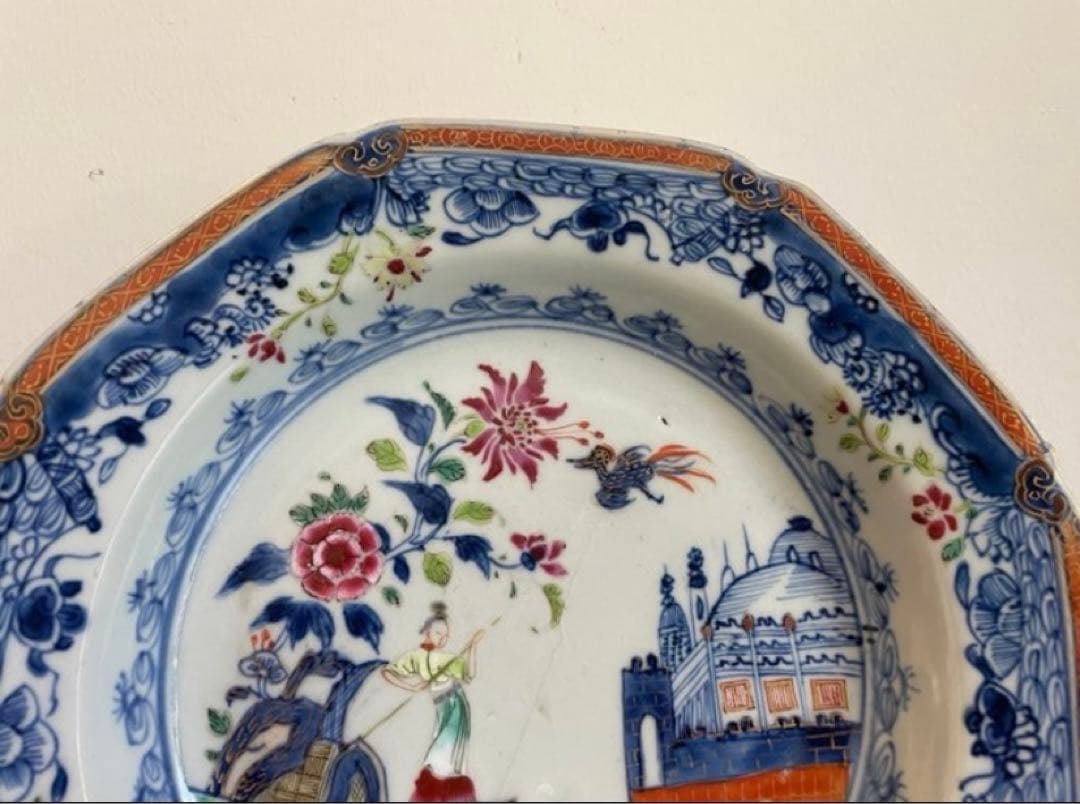 中国古美術品　清の乾隆時代　青花粉彩人物皿　本物保証 22cm