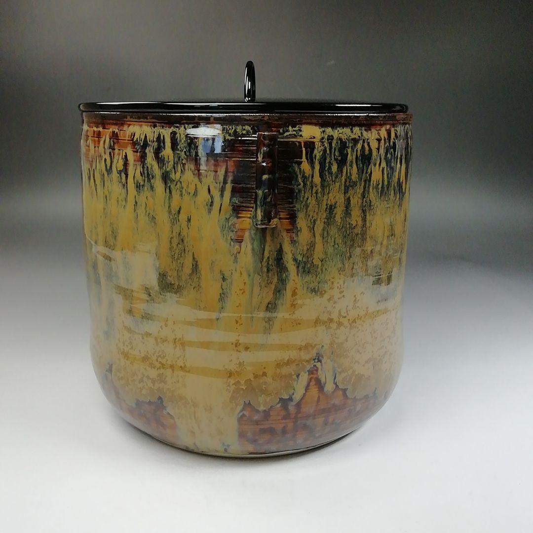 T891 水指 『高取焼』『掛分管耳 水指』『亀井楽山 造』 共箱 茶道具