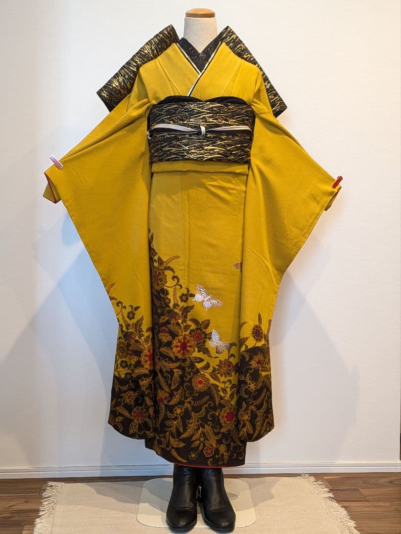 振袖フルセット 身丈165裄67 銀彩 からし色 黒 やまと誂え 成人式