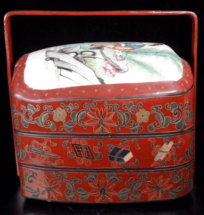 堤藍シノワズリ陶器蓋唐物本木製漆工芸お月見節句重箱茶道具野点