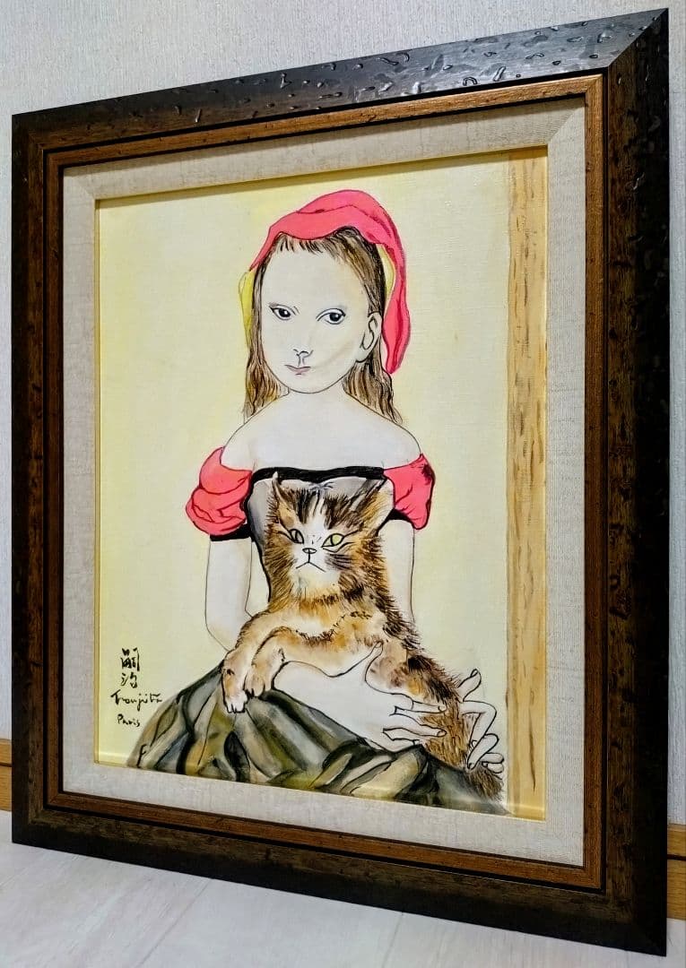 F6号】藤田嗣治【猫を抱く少女】肉筆/表裏サイン・鑑定書有り/油彩/絵画/