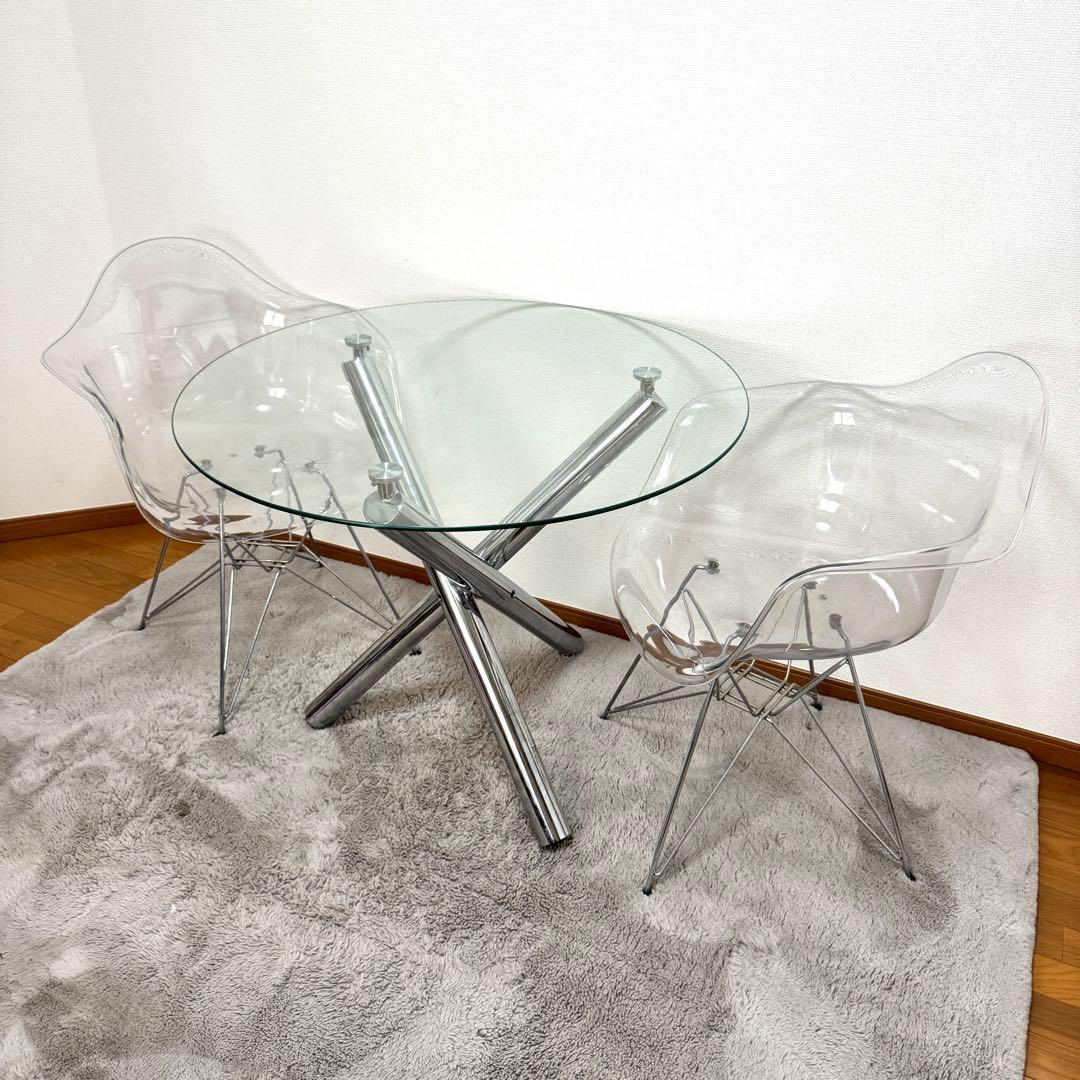 【関東近郊無料配送!!!】 円形 ガラステーブル　クリア椅子 二脚セット