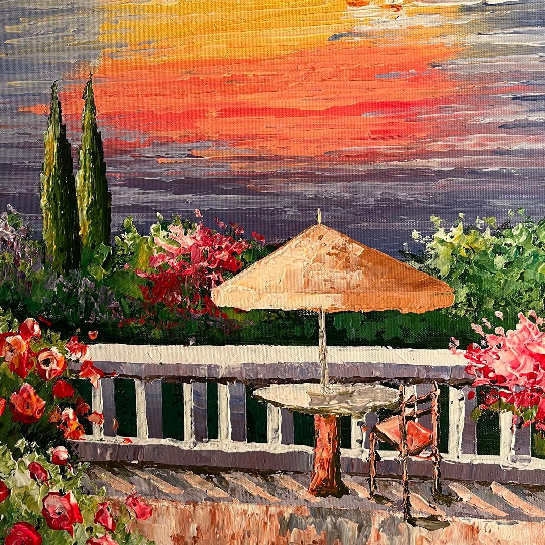 ★特大秀作★ 手書き油絵 地中海の風景 肉筆絵画 額付き インテリア 油彩画