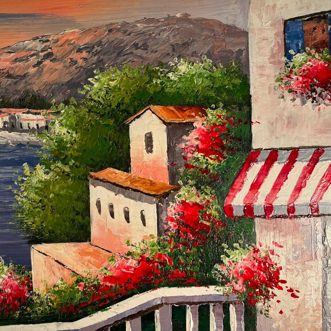 ★特大秀作★ 手書き油絵 地中海の風景 肉筆絵画 額付き インテリア 油彩画