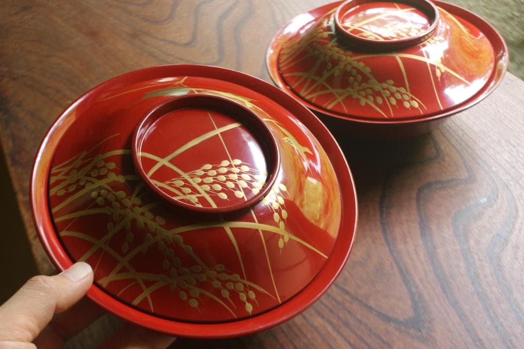 デッドストック！時代朱漆に極上稲穂雀蒔絵の映える大椀2点（検