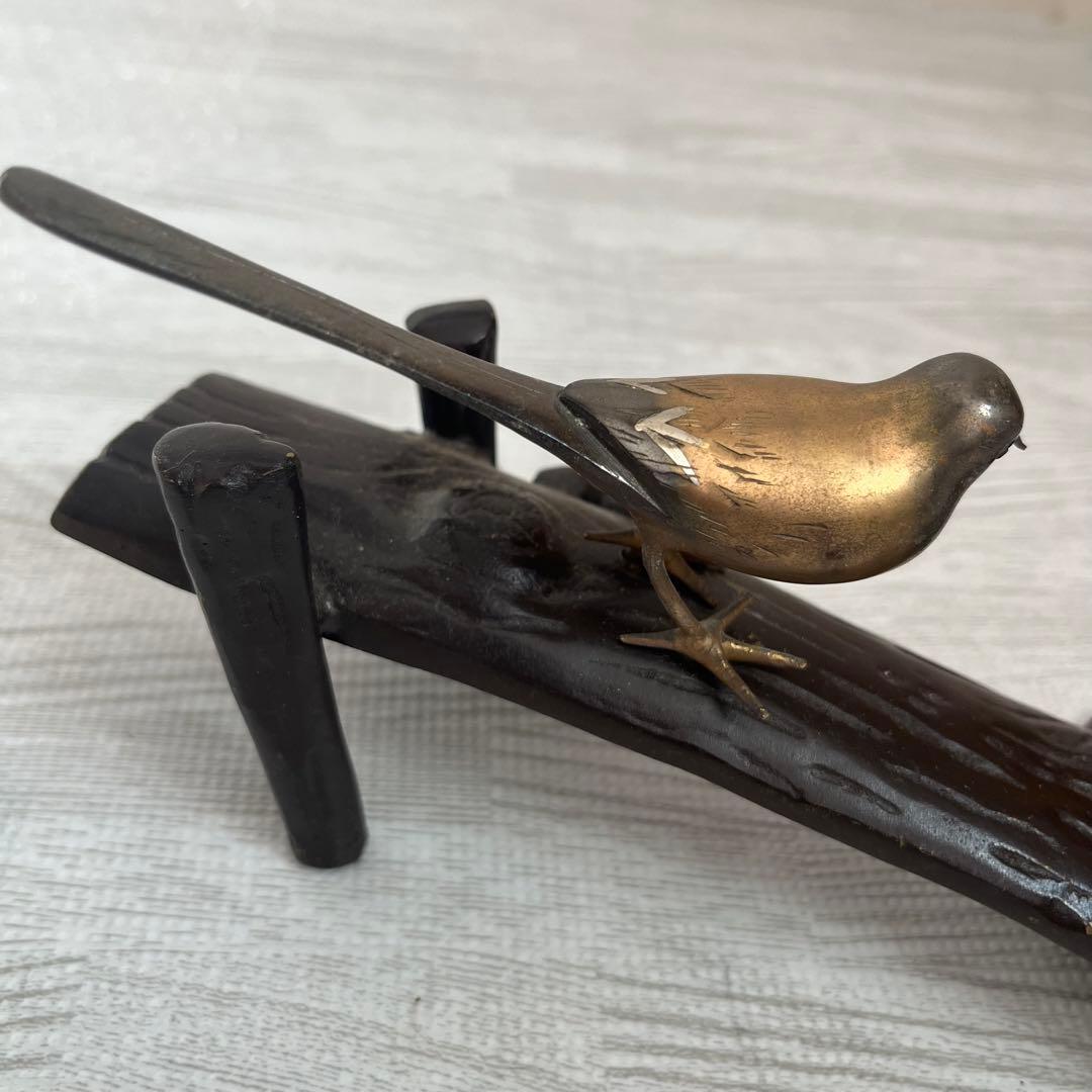 伝統工芸 美術 小鳥 木 止まり木 銅器 真鍮 正晴刻印 金属工芸 古物 骨董