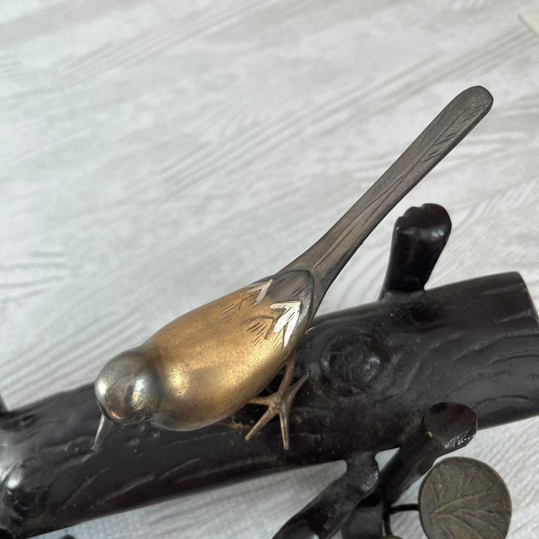 伝統工芸 美術 小鳥 木 止まり木 銅器 真鍮 正晴刻印 金属工芸 古物 骨董