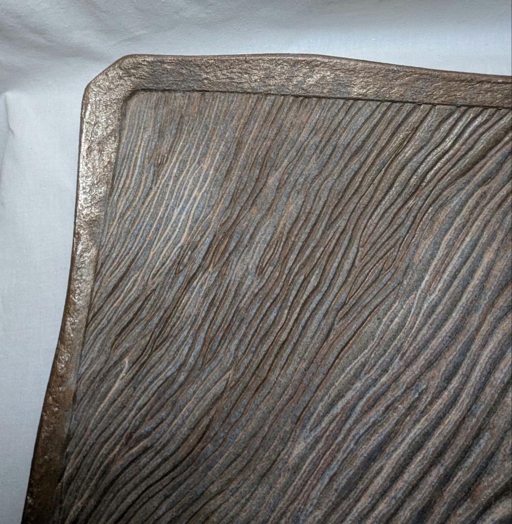 直しあり】岡山県重要無形文化財 山本出 備前焼 足付縞文様長方皿 花台