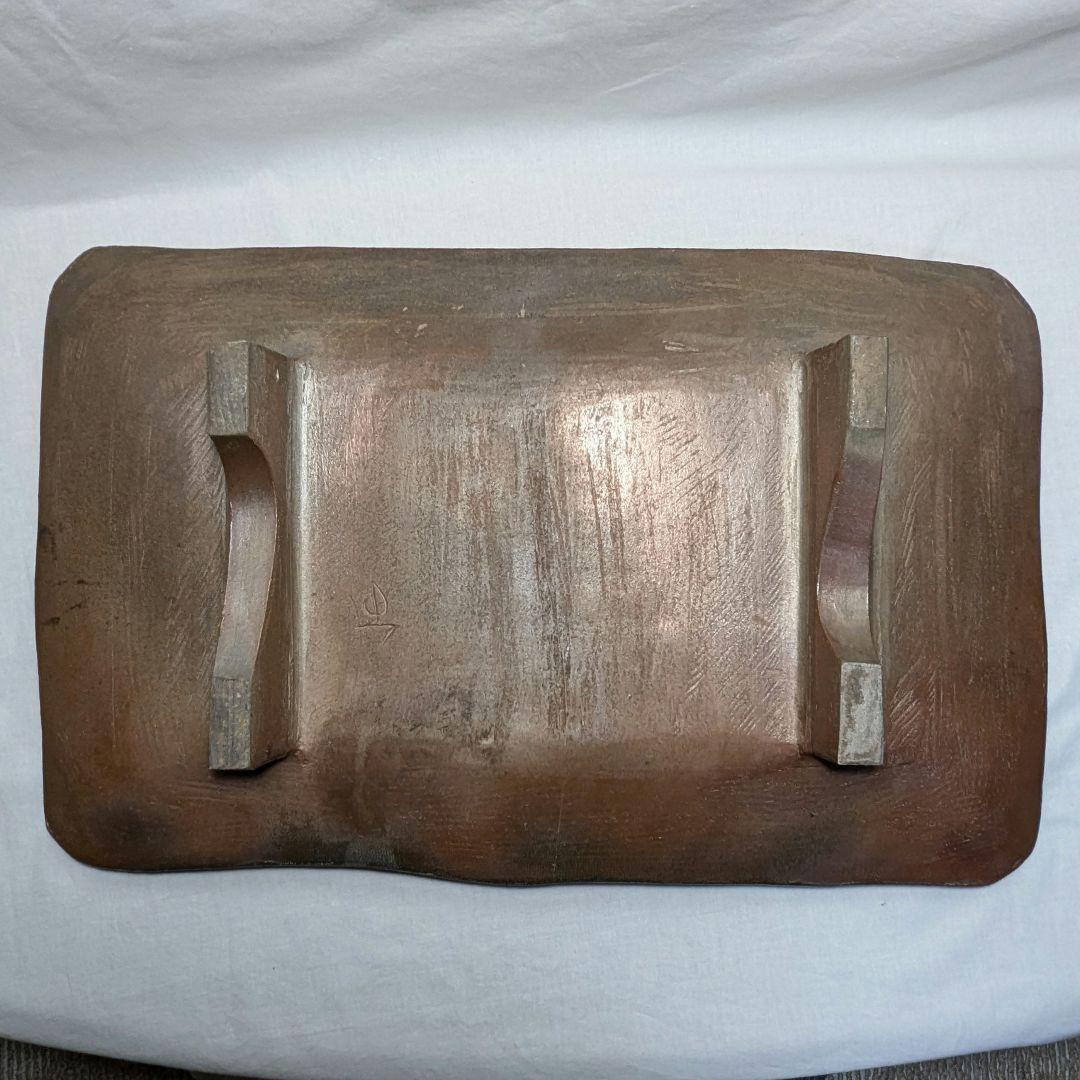 直しあり】岡山県重要無形文化財 山本出 備前焼 足付縞文様長方皿 花台