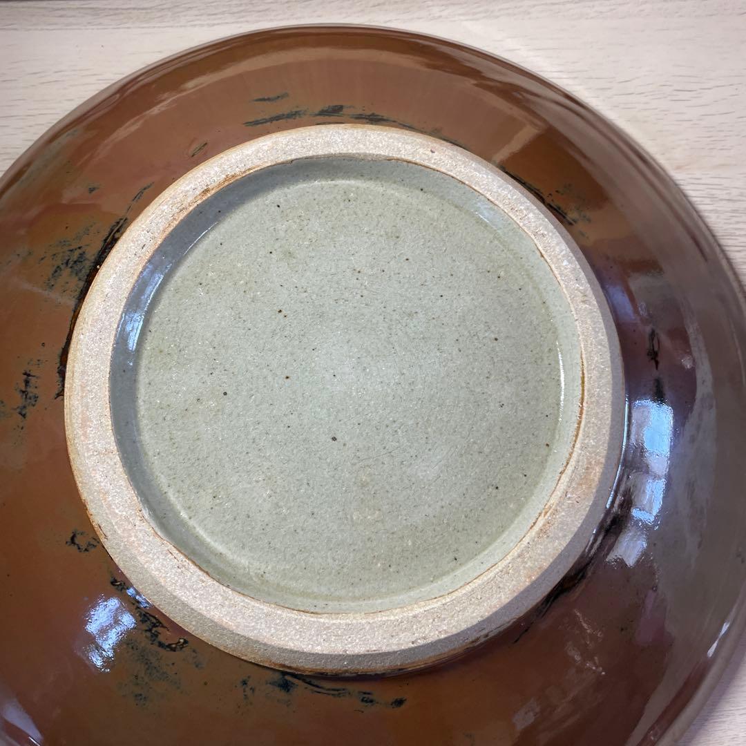 濱田友緒　柿釉赤絵大皿　共箱
