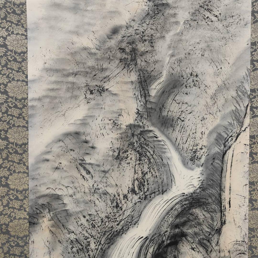 真作/矢沢弦月/滝図/瀧図/山水/布袋屋掛軸A-384