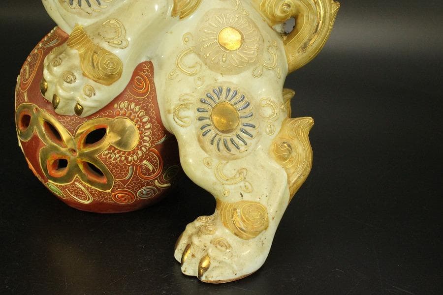 九谷 金彩 獅子 置物 時代物(A688)