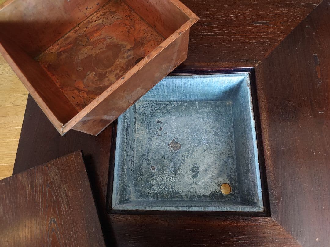 九州民芸家具　火鉢炉付卓子回転台付　ダイニングテーブル　銅製火床　囲炉裏テーブル