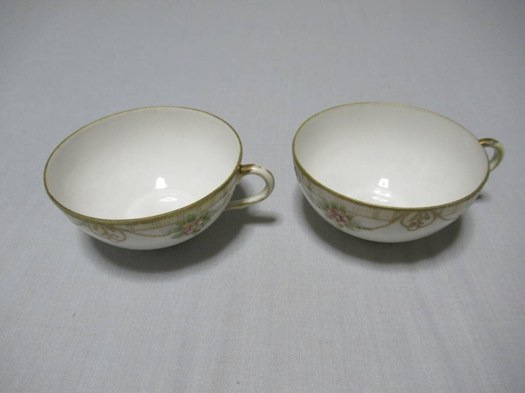 極希少美品 大正時代米国向け◆オールドノリタケ 金彩花柄 カップ&ソーサー 2客