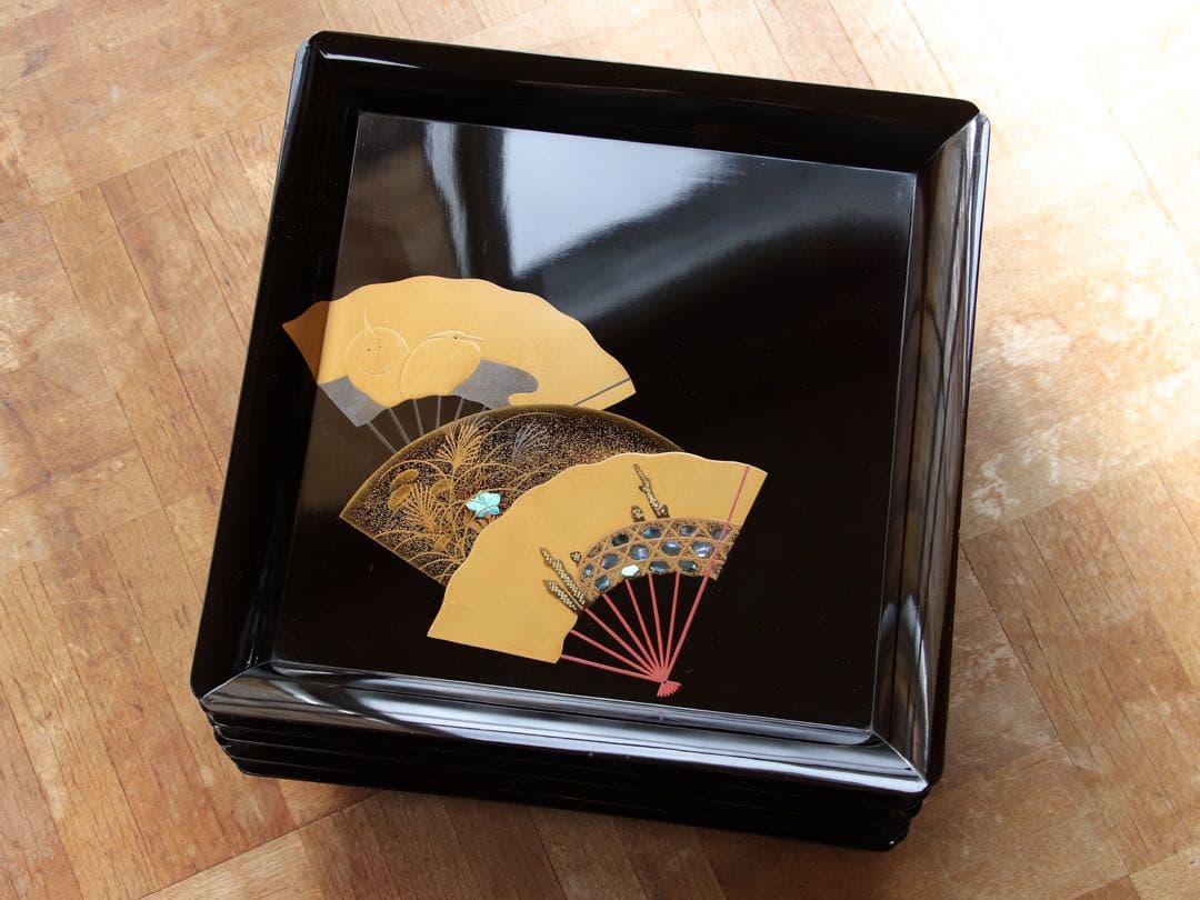 木製　螺鈿　古い黒塗吸物膳5客　足付　三重扇面蒔絵　金銀蒔絵　茶懐石　漆器　花鳥