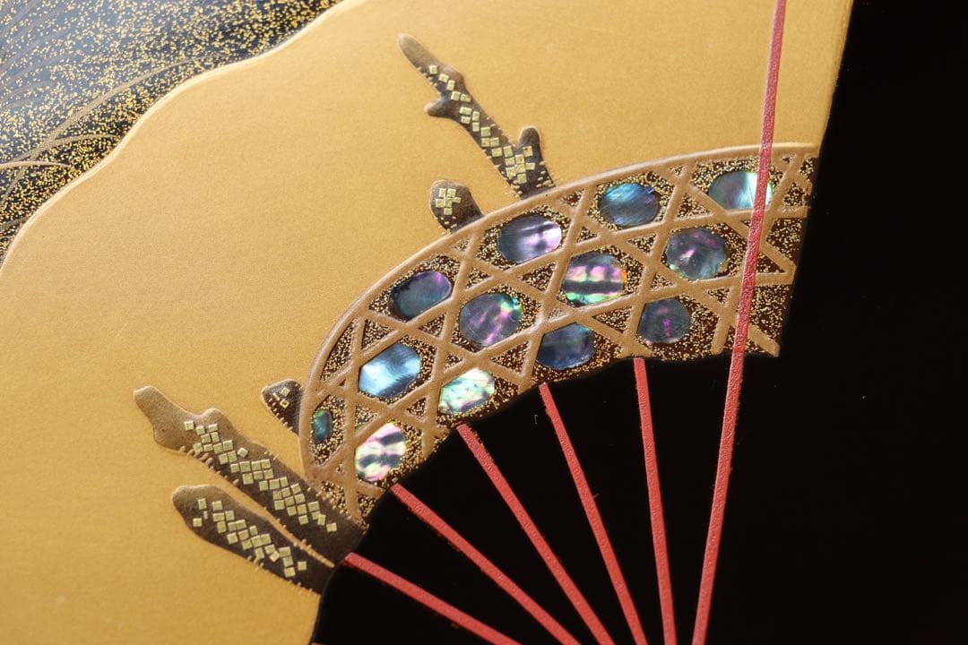 木製 螺鈿 古い黒塗吸物膳5客 足付 三重扇面蒔絵 金銀蒔絵 茶懐石 漆器