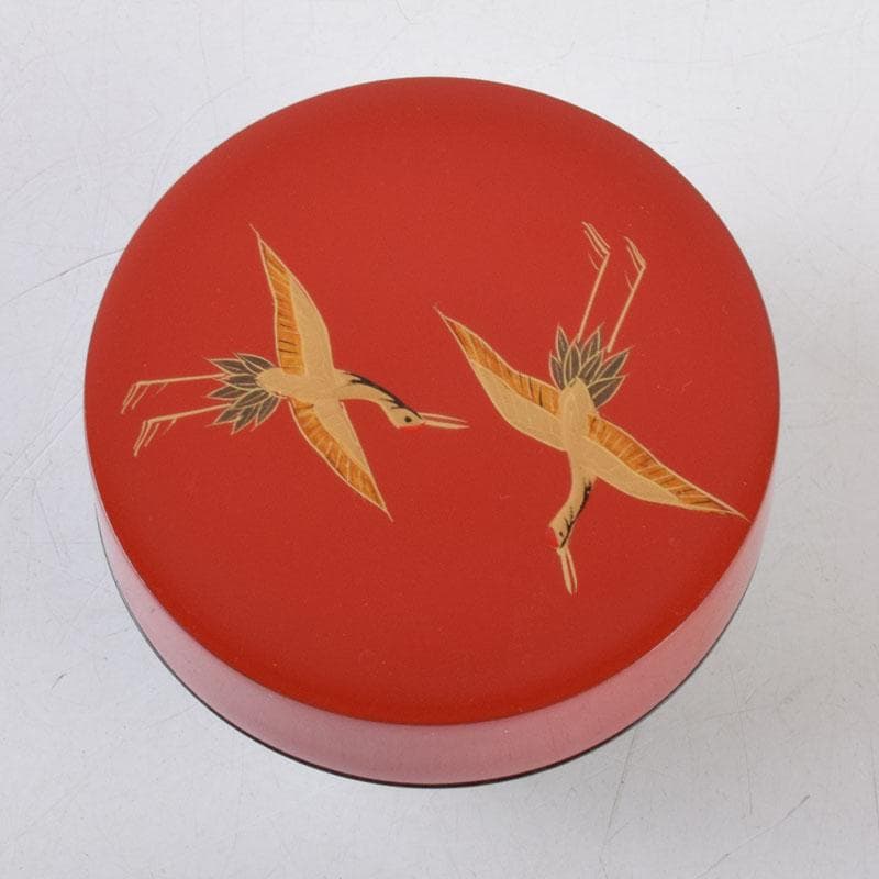 茶道具　中村湖彩作　鶴蒔絵　黒赤茶器　共箱　V　8582