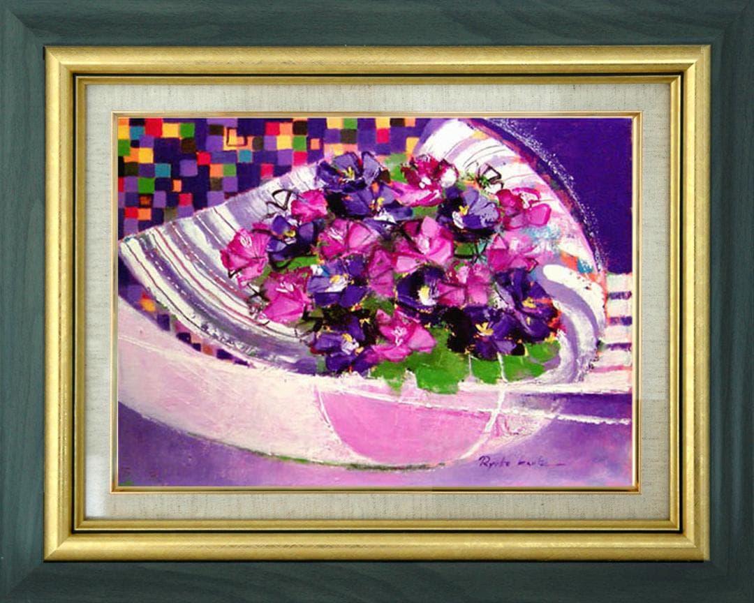 油絵 菅家令子 インテリア 額付(白) uF6-062304 花