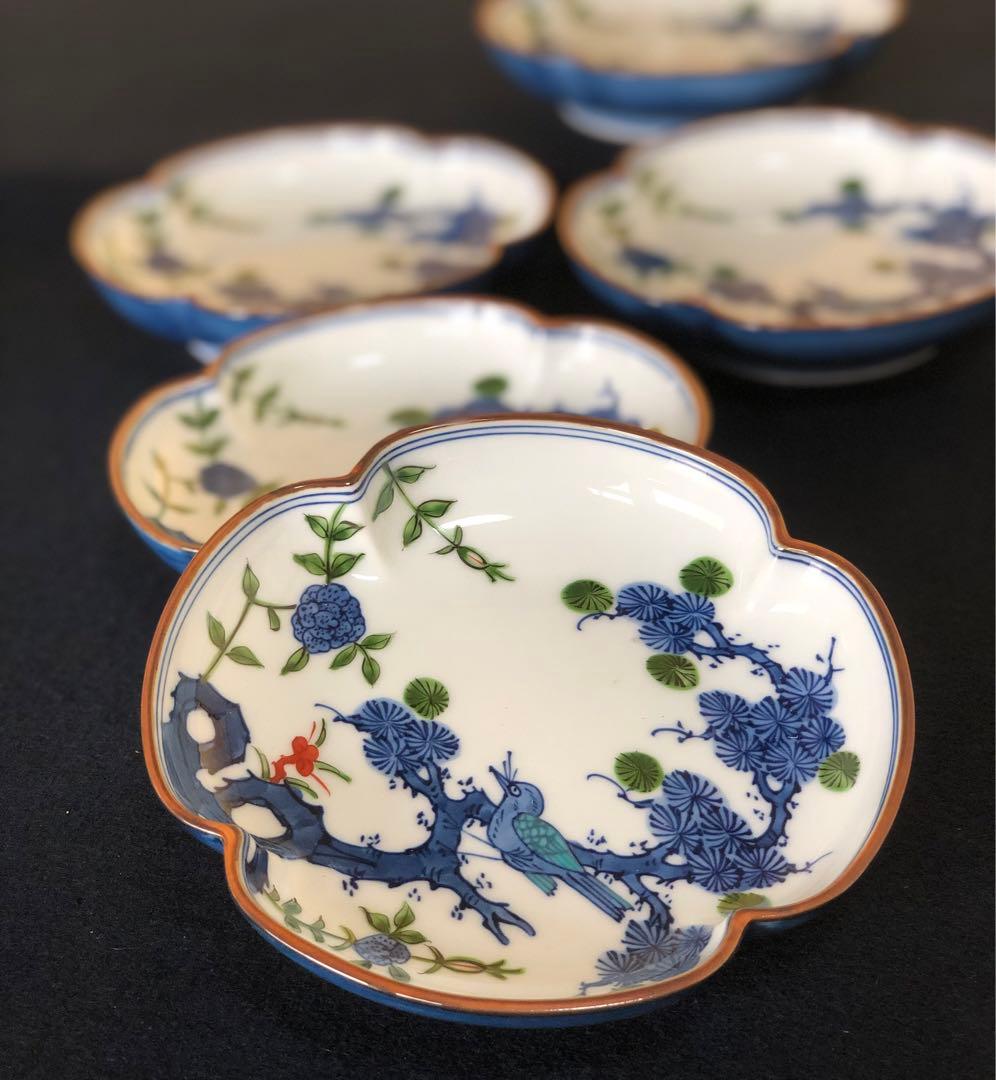 《レ》有田焼 源右衛門作 染錦松花鳥 木瓜 銘々皿5客 251127お1