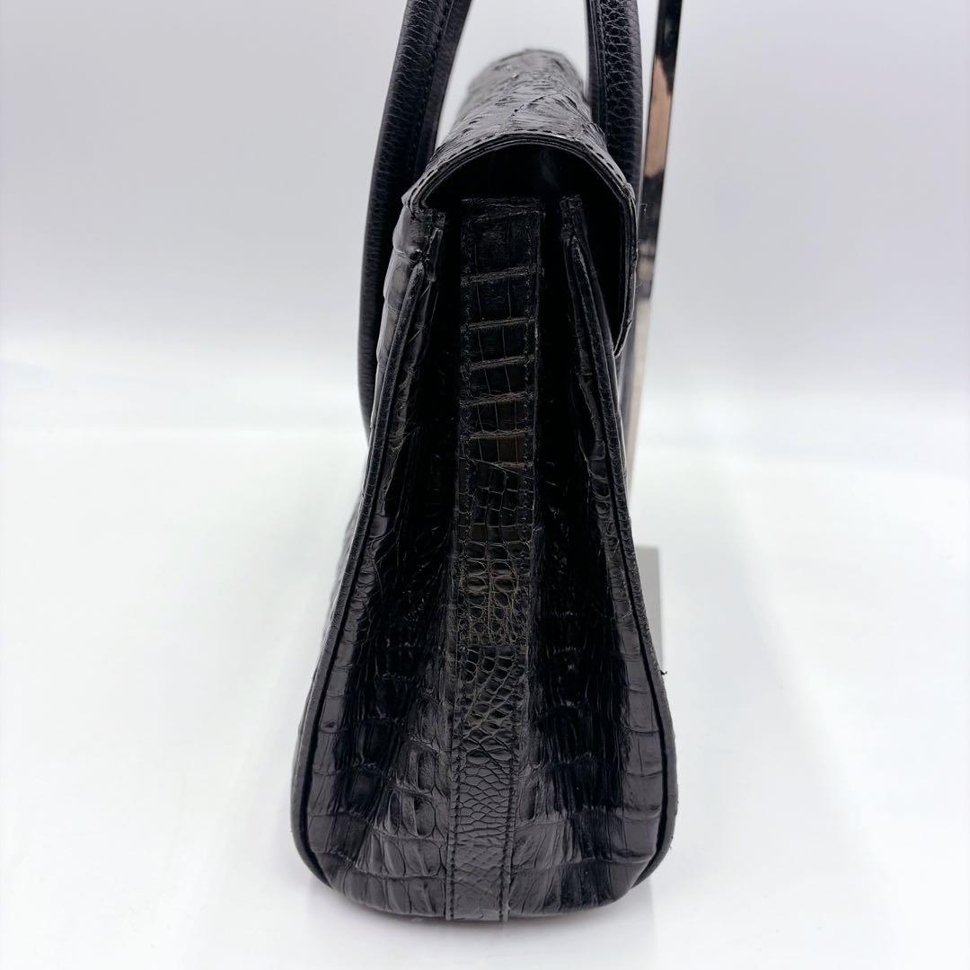 クロコダイル レザー フラップ トートバッグ ハンドバッグ ブラック