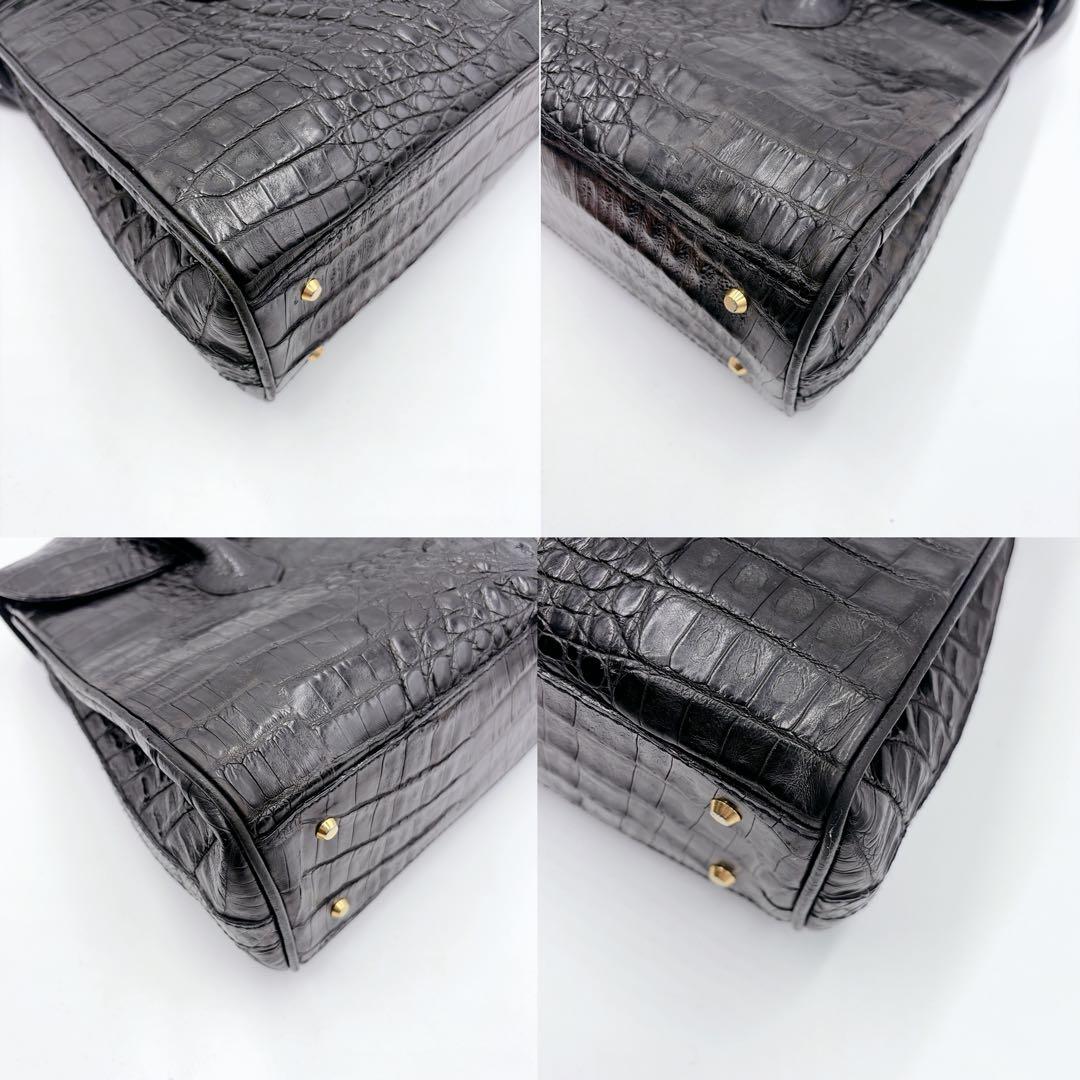 クロコダイル レザー フラップ トートバッグ ハンドバッグ ブラック