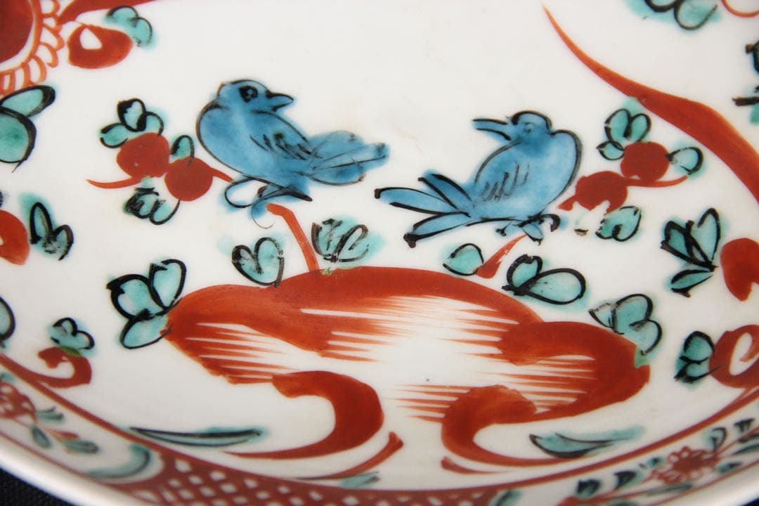 中国明 清時代 呉須赤絵花鳥 五彩 鳥花文皿 古陶磁／民窯