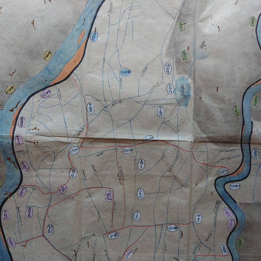 江戸時代越後味方村白根付近彩色古地図和紙裏打長さ196cm