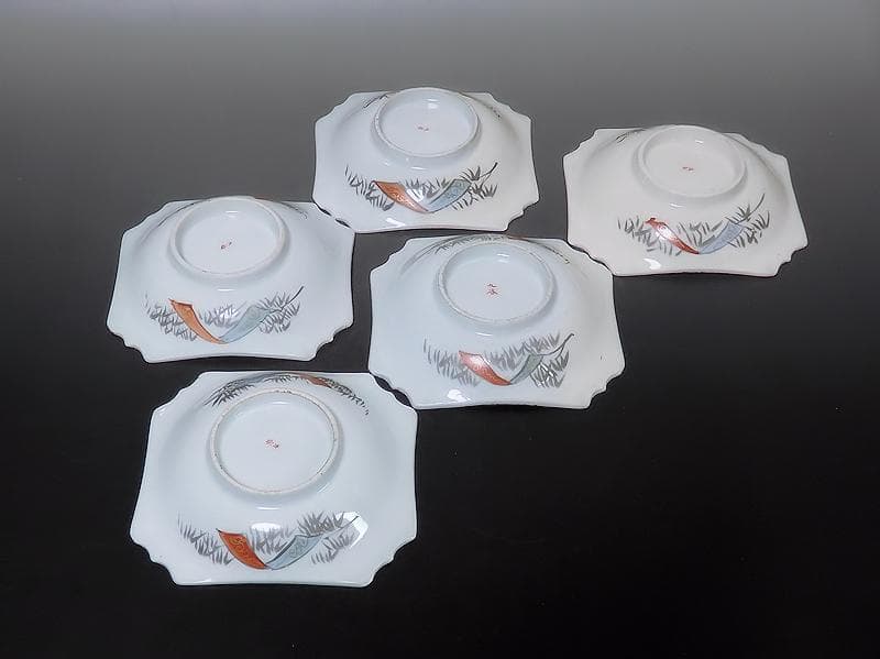 九谷 色絵 草花に蝶の図 角皿 5枚 D597A- BCp