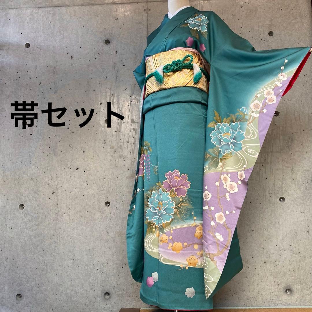 正絹 振袖 金駒 花柄 緑青系 袷