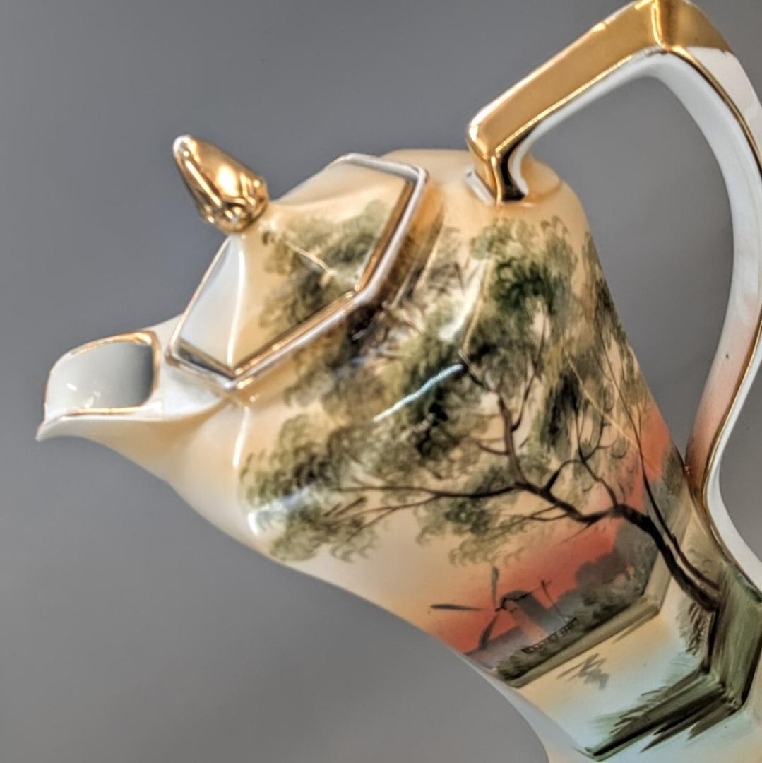 里帰り オールドノリタケ ☆金彩湖畔風景図 六角形ヘキサゴン ポット