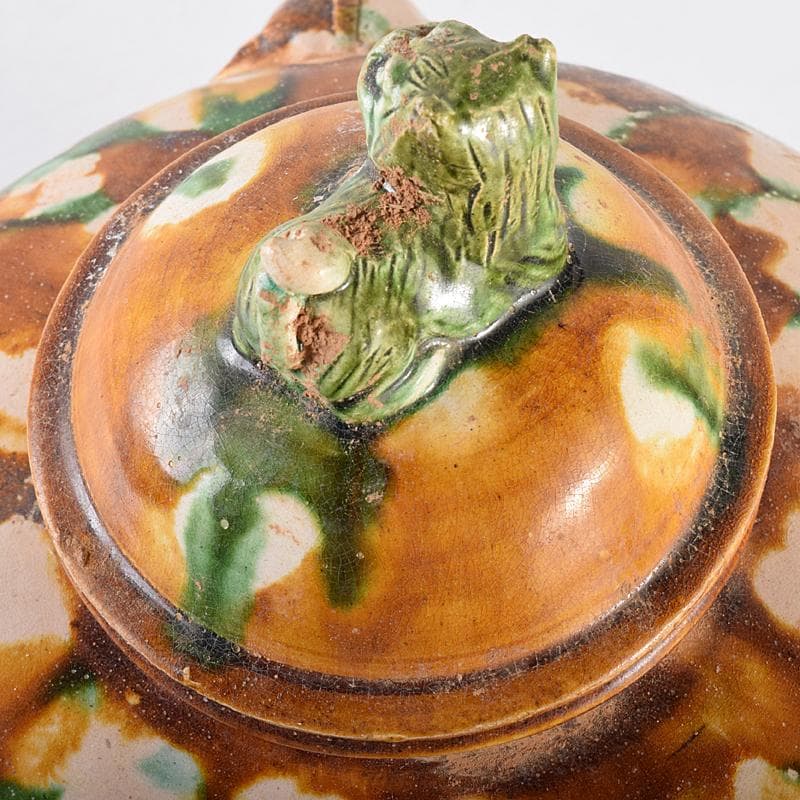 中国 唐三彩 獅子摘 双耳壷 C R8549B