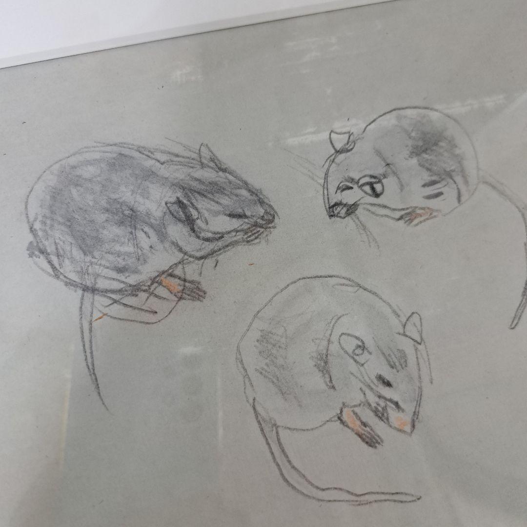 【三匹のねずみ】藤井勘助 鉛筆画 木製フレーム付き