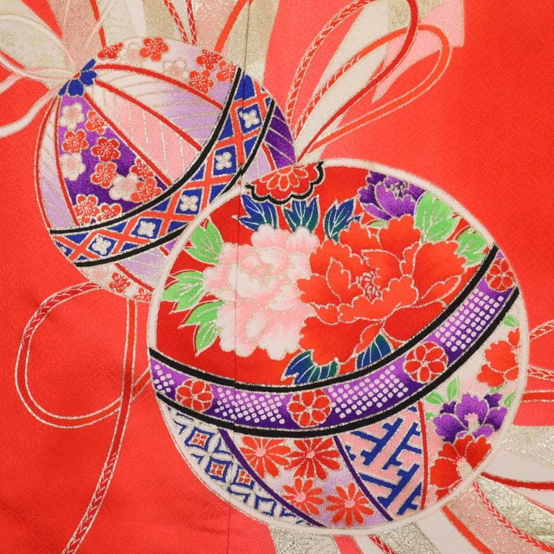 七五三着物11点セット7歳 女の子　束ね熨斗に鞠　子供着物　赤 化繊 11RR2