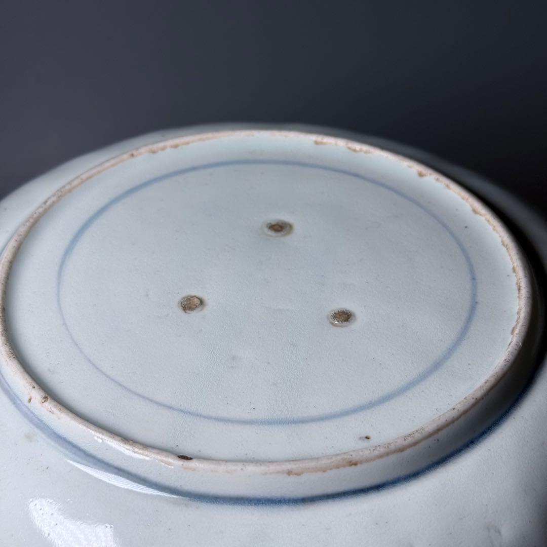 1600年代 初期手 藍九谷 染付舟人物葦雁文七寸皿