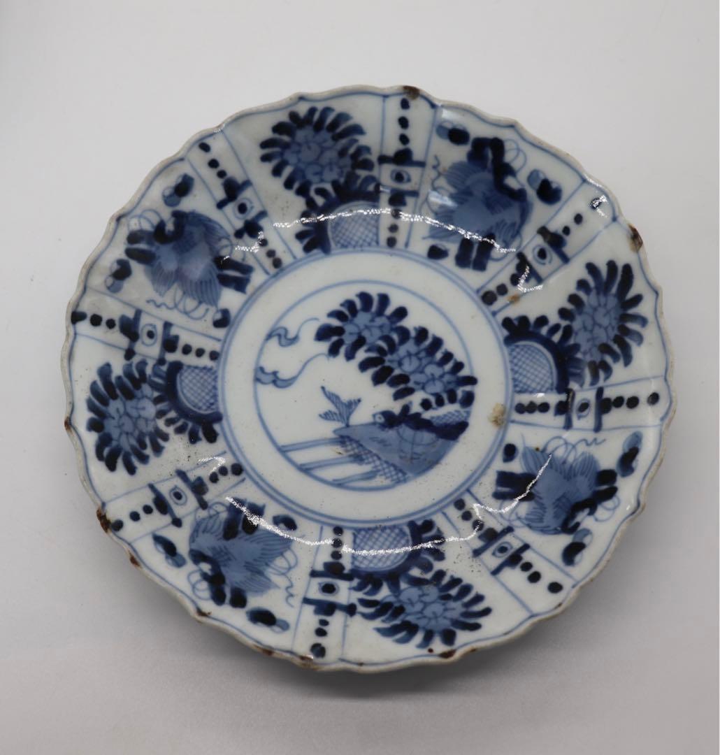 中国　明時代　染付花卉昆虫紋花口皿4点　送料込み0201