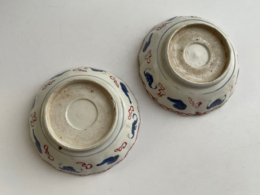 骨董 アンティーク 古伊万里 色絵 花唐草文様 膾皿 なます皿 2枚