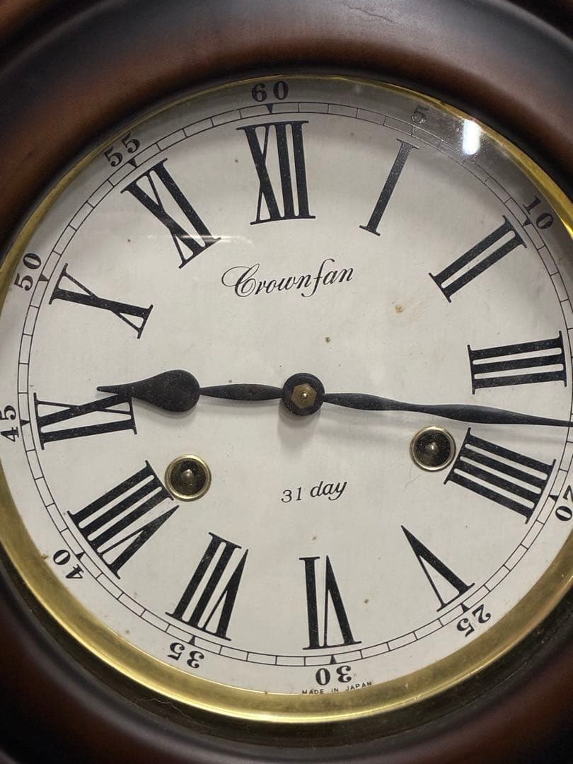 B）希少 アンティーク柱時計 愛工社CROWNFAN ダルマ四つ丸 31day